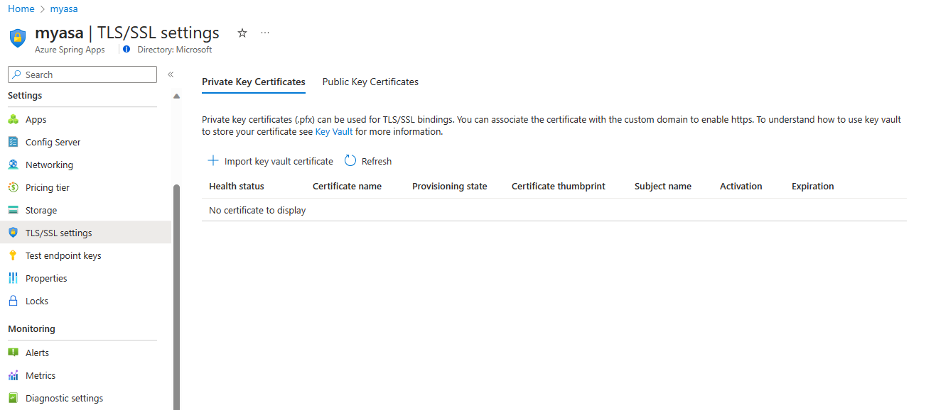 Screenshot of the Azure portal that shows the TLS/SSL settings page with the Import key vault certificate button highlighted.