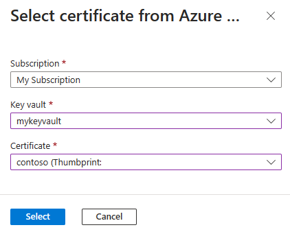 Screenshot of the Azure portal that shows the Select certificate from Azure page.