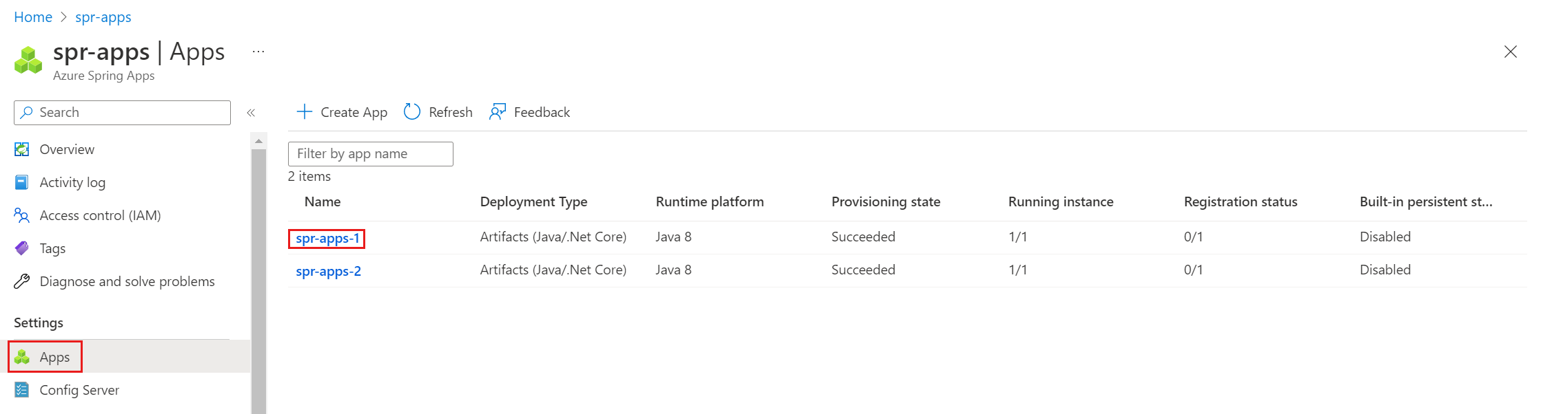 Screenshot of the Azure portal Apps page with spr-apps-1 highlighted.