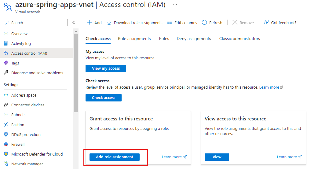 Screenshot of the Azure portal Access Control (IAM) page showing the Check access tab with the Add role assignment button highlighted.