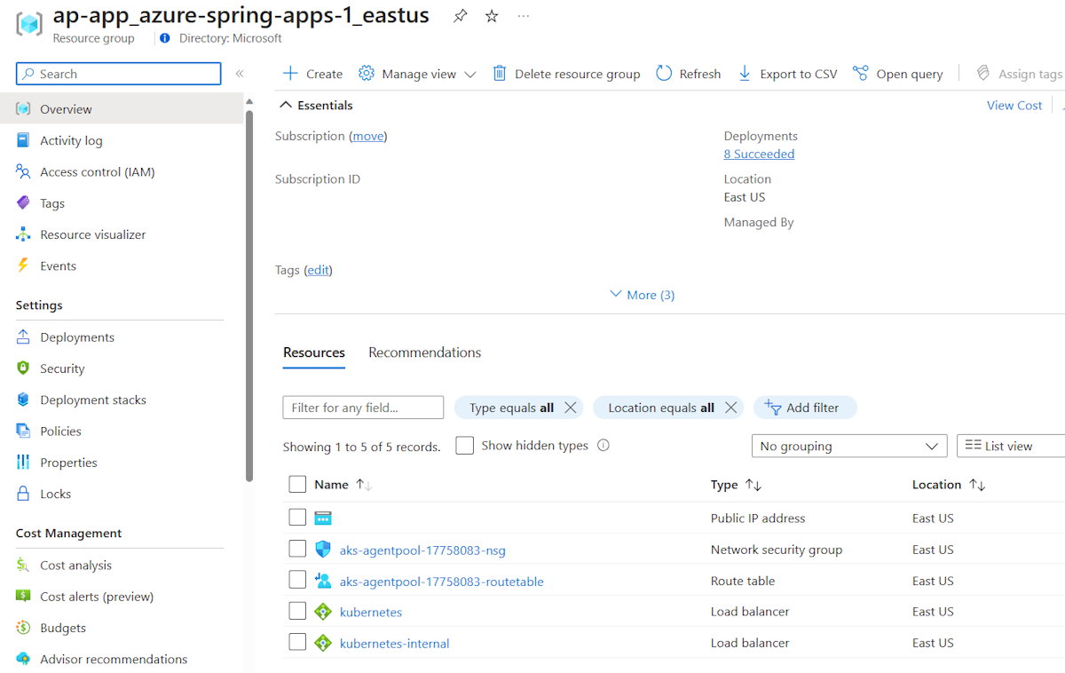 Screenshot of the Azure portal showing the resources for the Spring applications.