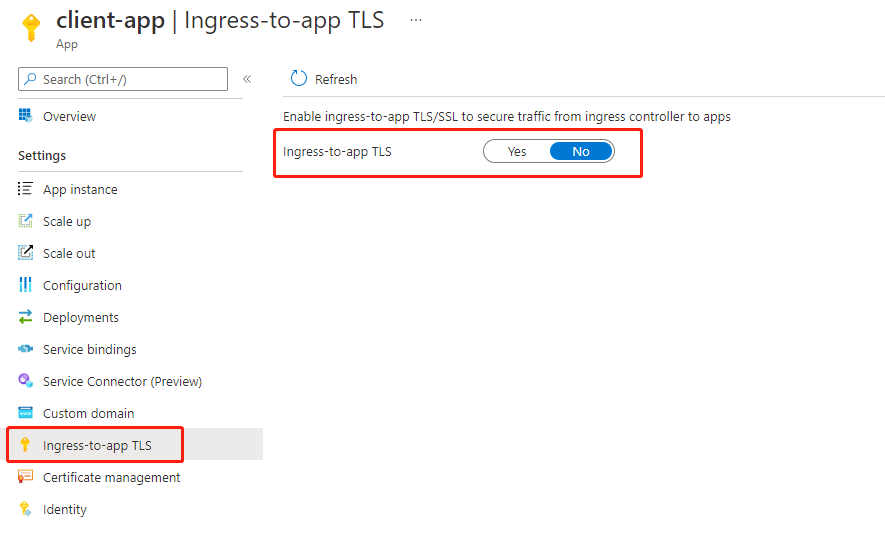 Screenshot of the Azure portal that shows the app Ingress-to-app TLS page.
