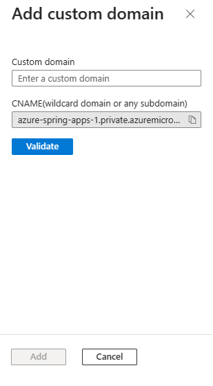 Screenshot of the Azure portal showing the Add custom domain pane for an app in an Azure Spring Apps instance.