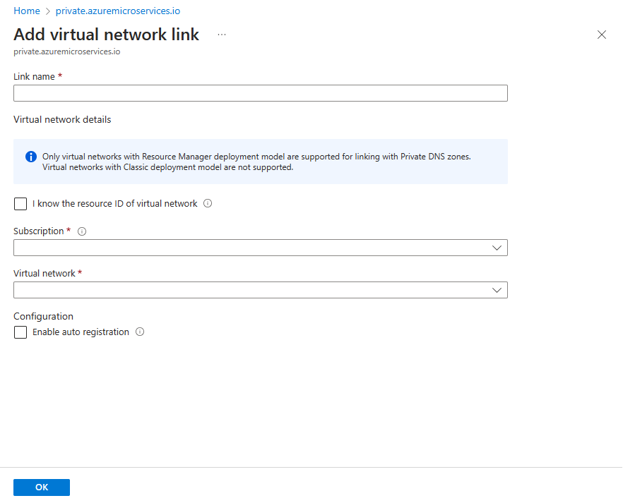 Screenshot of the Azure portal showing the Add virtual network link page for a private DNS zone.