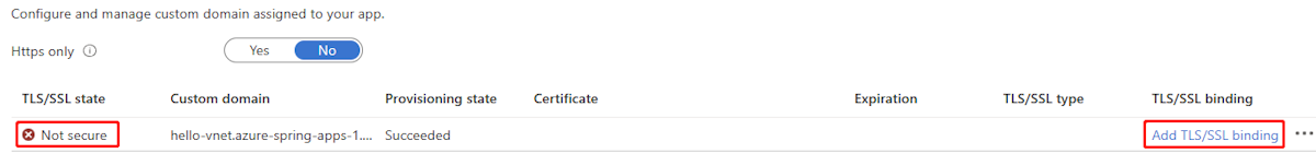 Screenshot of the Azure portal showing the custom domain table in the Custom domain page for an app.