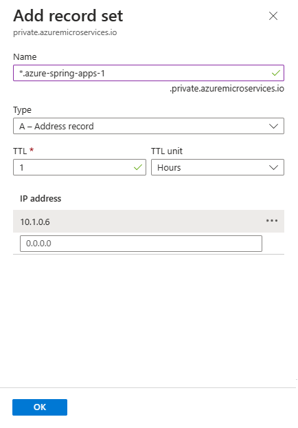 Screenshot of the Azure portal showing Overview page for a private DNS zone with the add record set pane open.