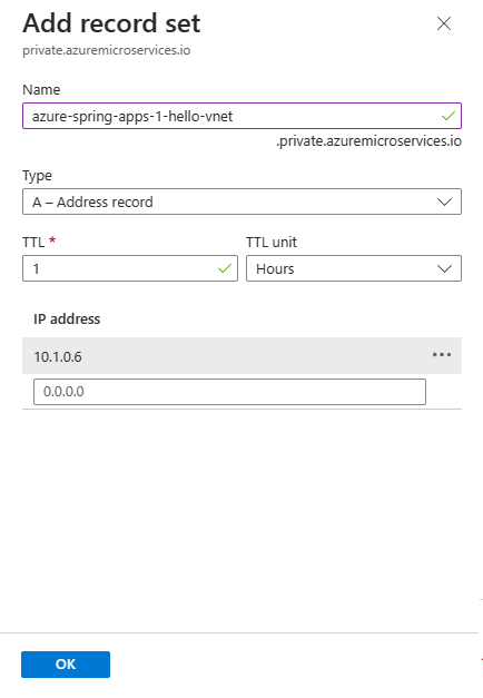 Screenshot of the Azure portal showing the Add record set pane in a Private DNS zone.