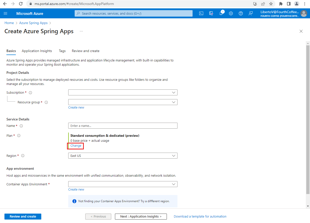Screenshot of the Azure portal Azure Spring Apps creation page with the Change button highlighted in the plan section.