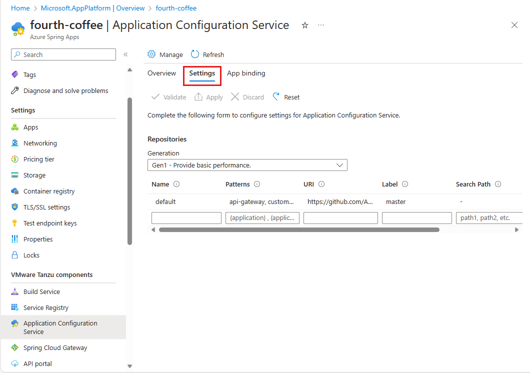 Screenshot of the Azure portal showing the Settings tab of the Application Configuration Service page.