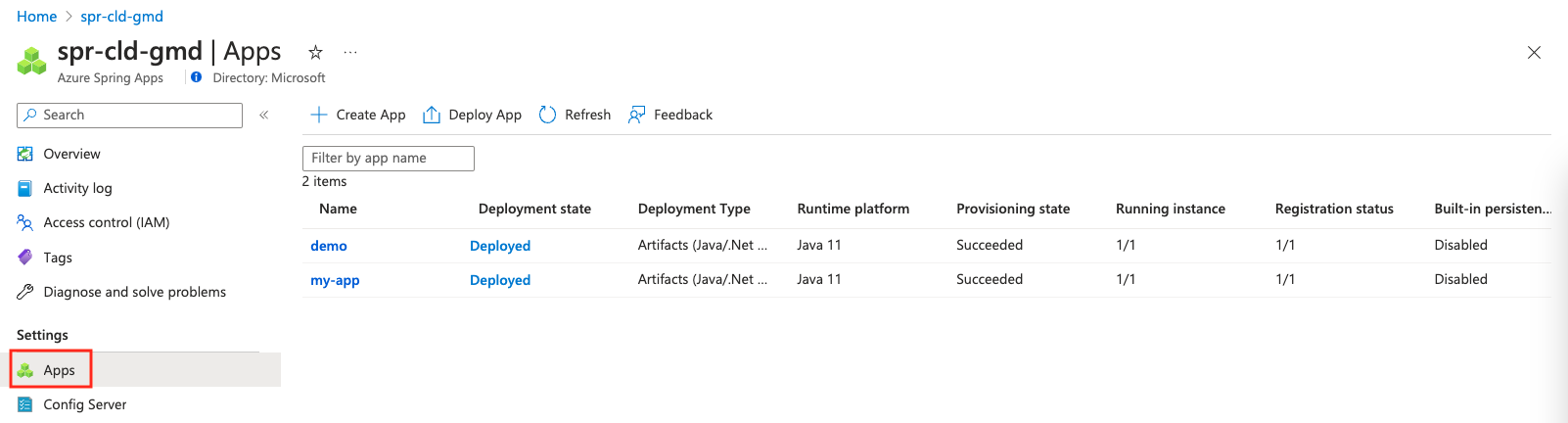 Screenshot of the Apps pane showing apps for your service instance.