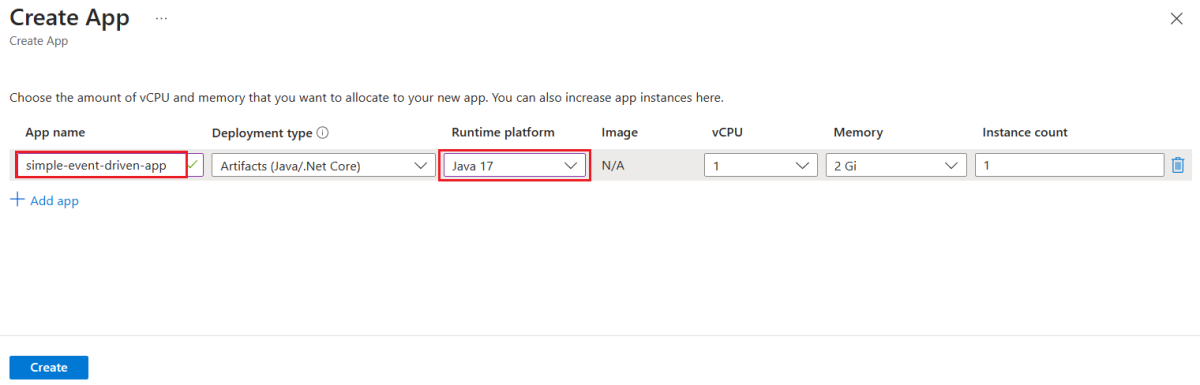 Screenshot of the Azure portal showing the Create App pane with App name and Runtime platform options selected.