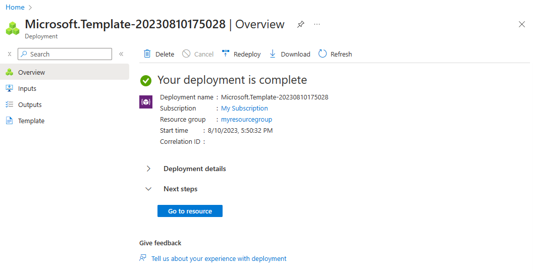 Screenshot of the Azure portal that shows the Overview page with the custom deployment notifications pane open.