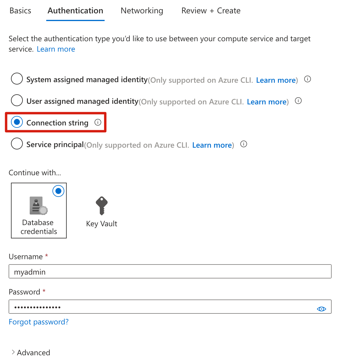 Screenshot of the Azure portal that shows the Authentication tab of the created connection pane with the Connection string option highlighted.