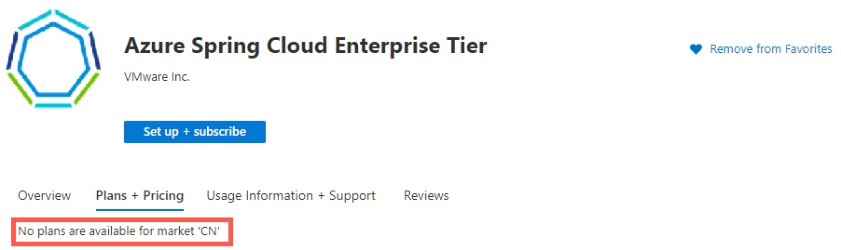 Screenshot of the Azure portal that shows the No plans are available for market error message.