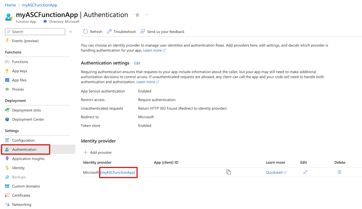 Screenshot of the Azure portal showing the Authentication page for a Function app, with the Function app name highlighted in the Identity provider.