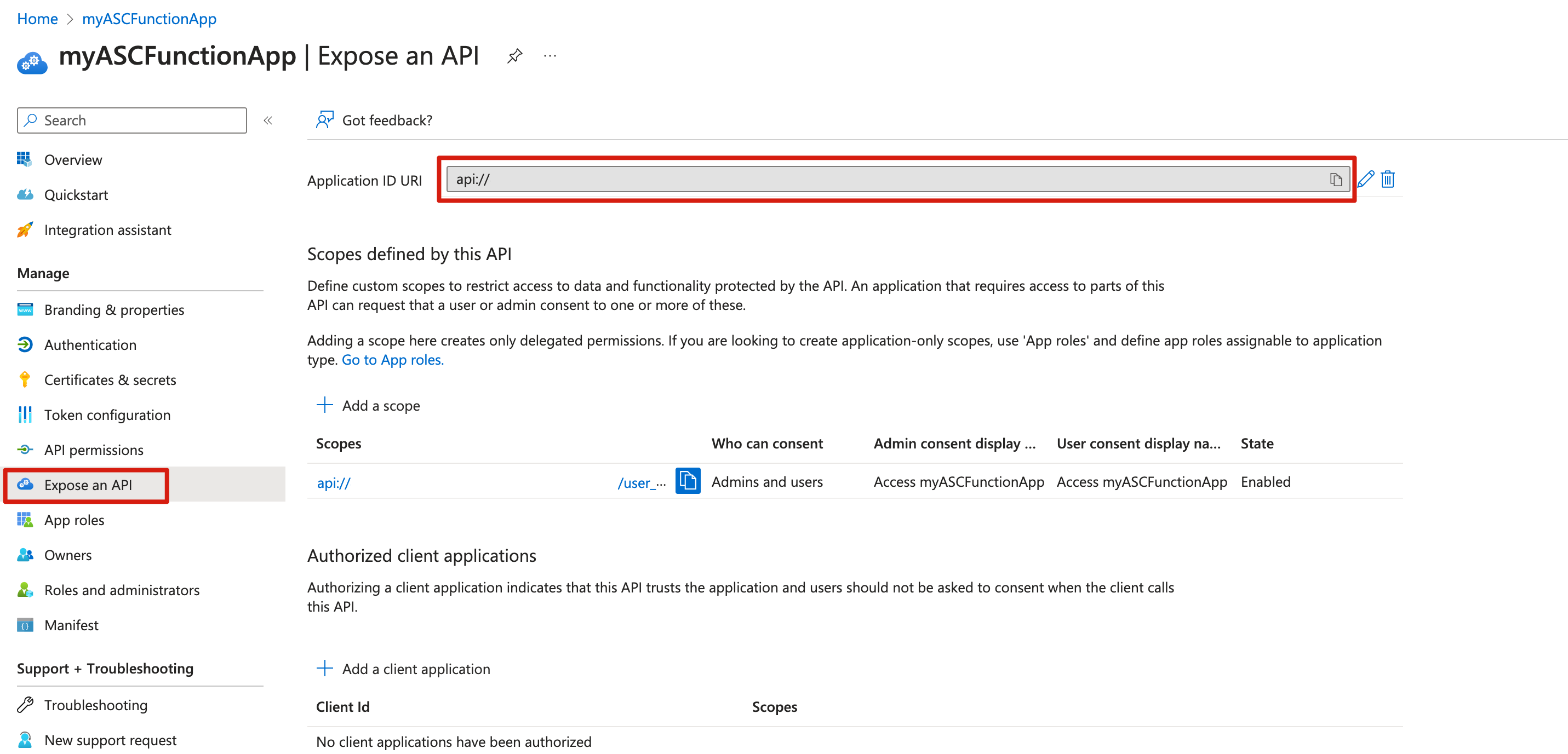 Screenshot of the Azure portal showing the Expose an API page for a Function app with the Application ID URI highlighted.