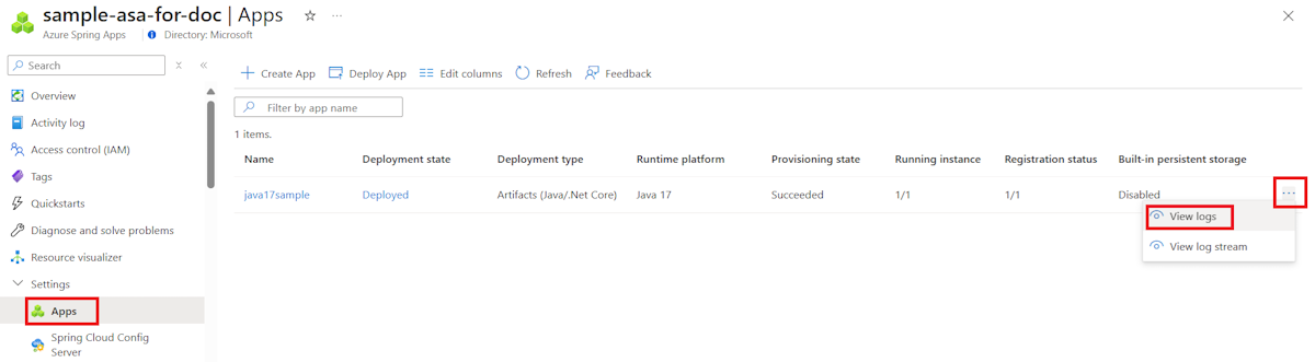Screenshot of the Azure portal that shows the Apps page with the View logs context menu item highlighted.