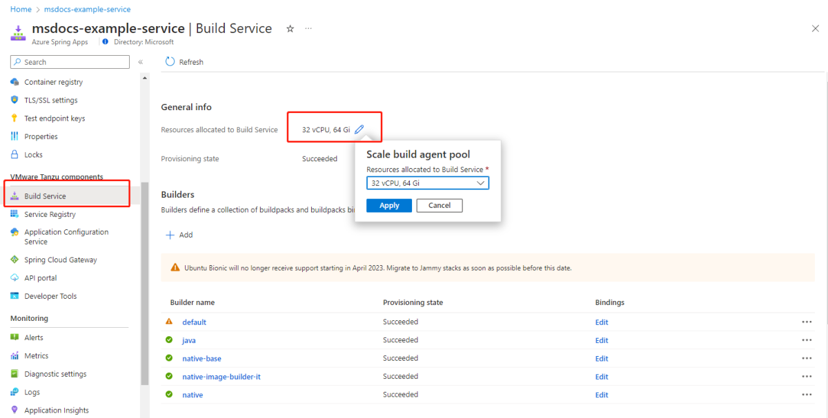 Screenshot of Azure portal that shows the Build Service page with the dropdown menu to edit allocate resources showing.