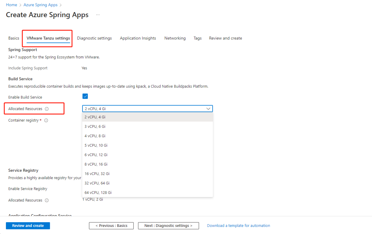 Screenshot of the Azure portal that shows the Create Azure Spring Apps page with V M ware Tanzu settings tab and Allocated Resources highlighted.