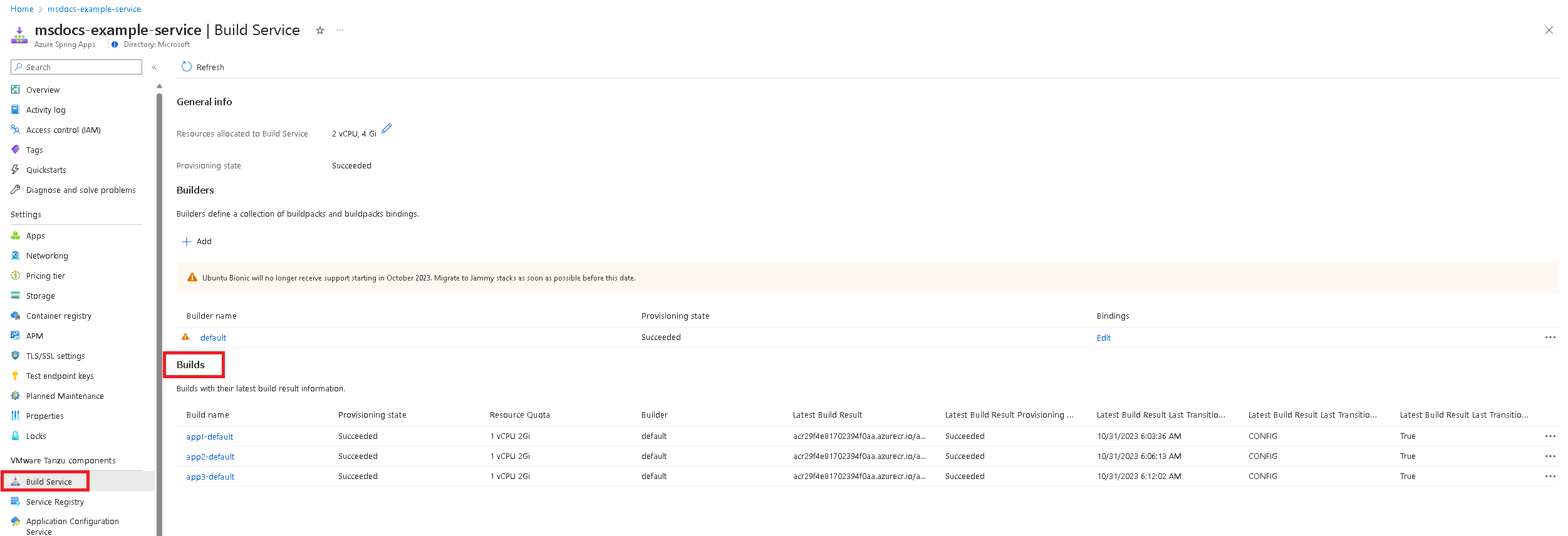 Screenshot of the Azure portal that shows the Azure Spring Apps Build Service page with Builds highlighted.