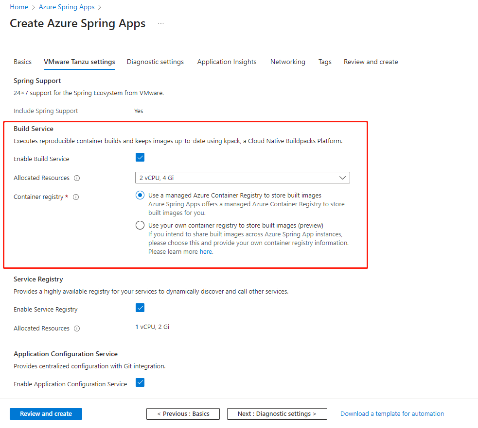 Screenshot of the Azure portal that shows the Create Azure Spring Apps page with V M ware Tanzu settings tab and Build Service settings highlighted.