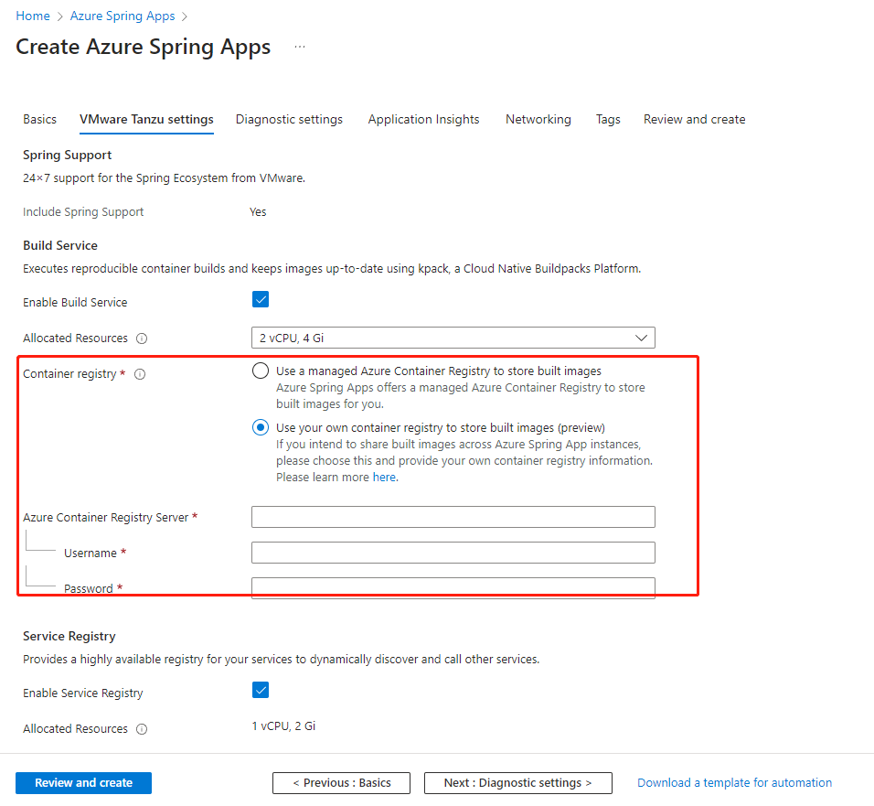 Screenshot of the Azure portal that shows the Create Azure Spring Apps page V M ware Tanzu settings tab with container registry settings highlighted.