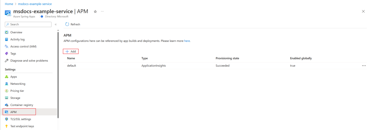 Screenshot of the Azure portal showing the APM configuration page with the Add button highlighted.