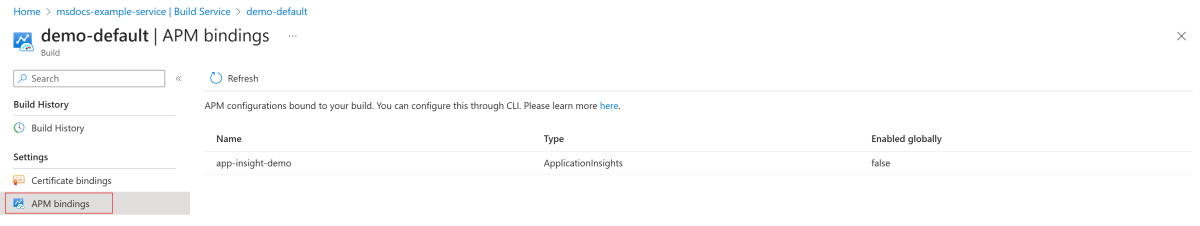 Screenshot of the APM bindings page showing the APM configurations bound to the build.