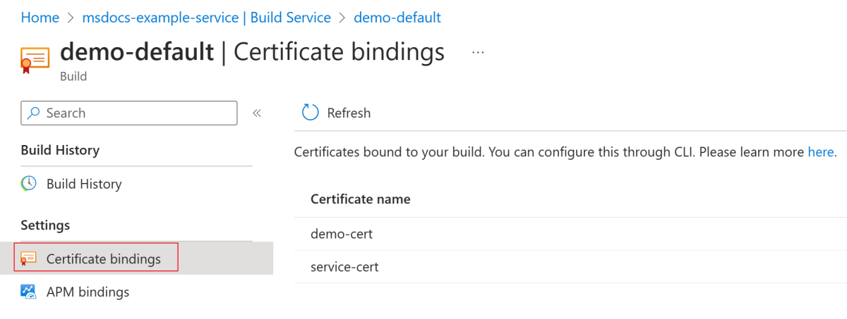 Screenshot of the certificate bindings page showing CA certificates bound to the build.