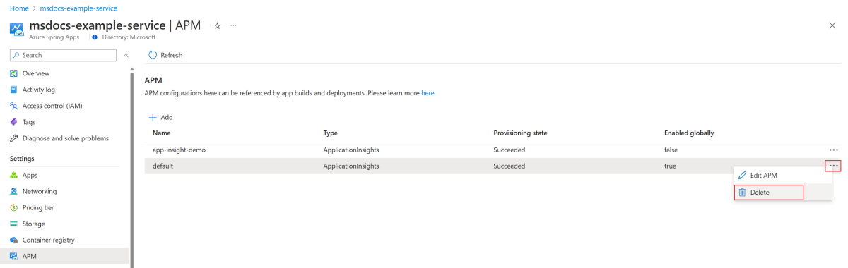 Screenshot of the Azure portal showing the APM configuration page with the Delete button highlighted.