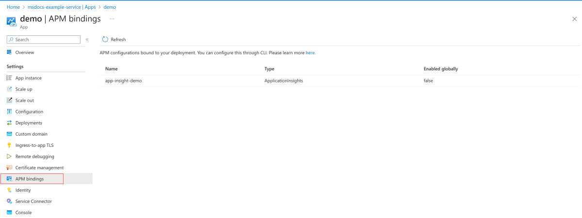 Screenshot of the APM bindings page showing the APM configurations bound to the deployment.