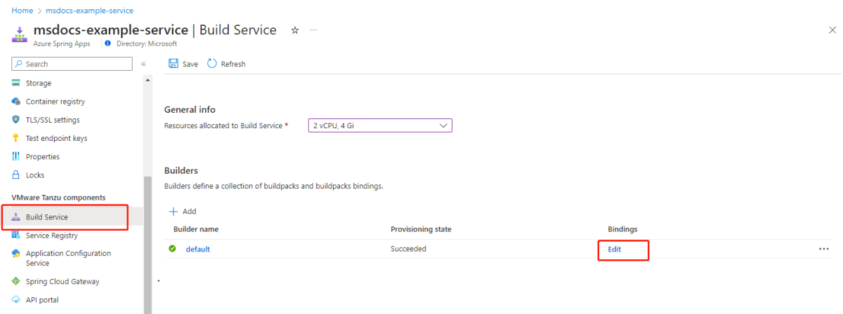 Screenshot of Azure portal showing the Build Service page with the Bindings Edit link highlighted for a selected builder.