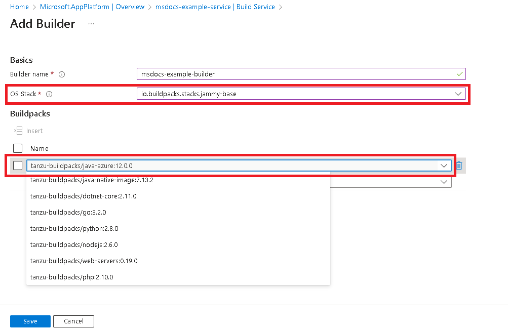 Screenshot of the Azure portal that shows the Add Builder page with the OS Stack and selected buildpack name highlighted.