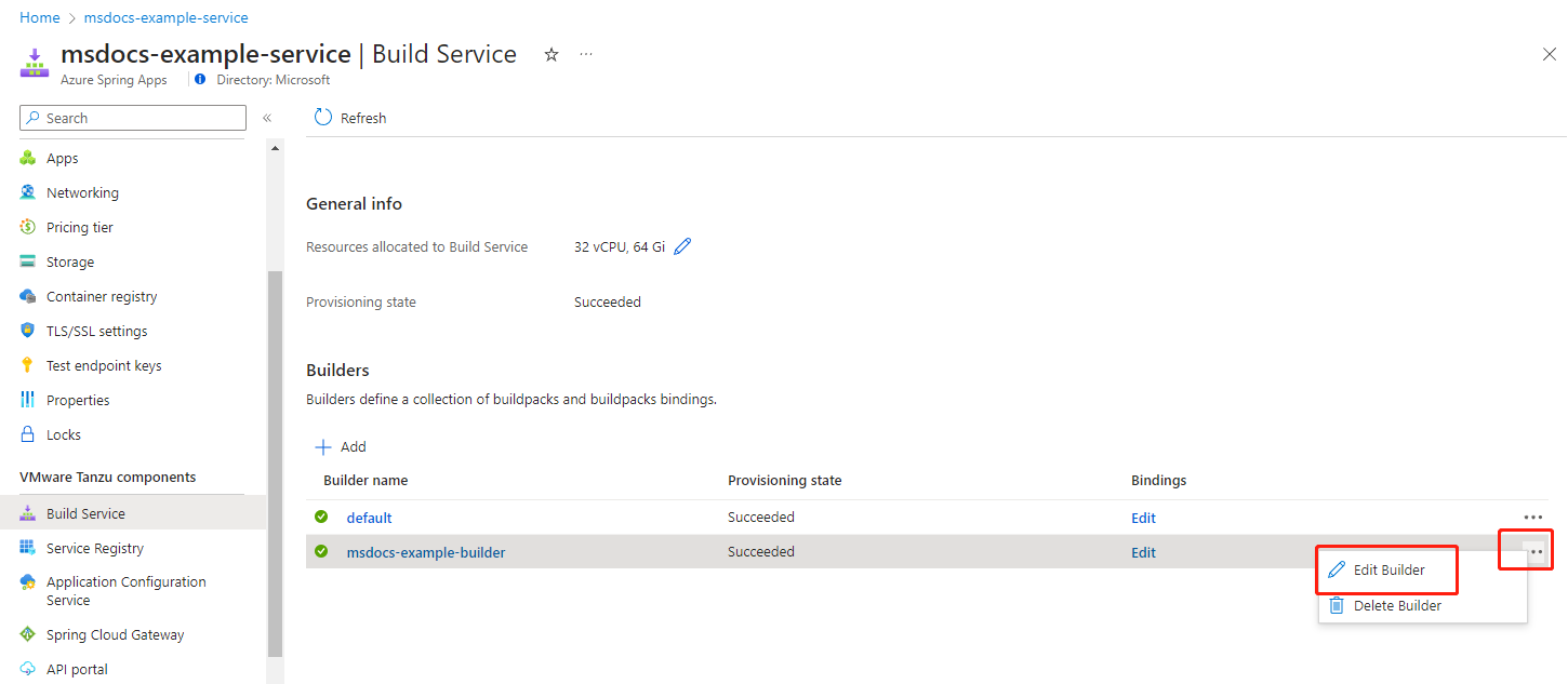 Screenshot of the Azure portal that shows the Build Service page with the ellipsis button and Edit builder menu option highlighted.