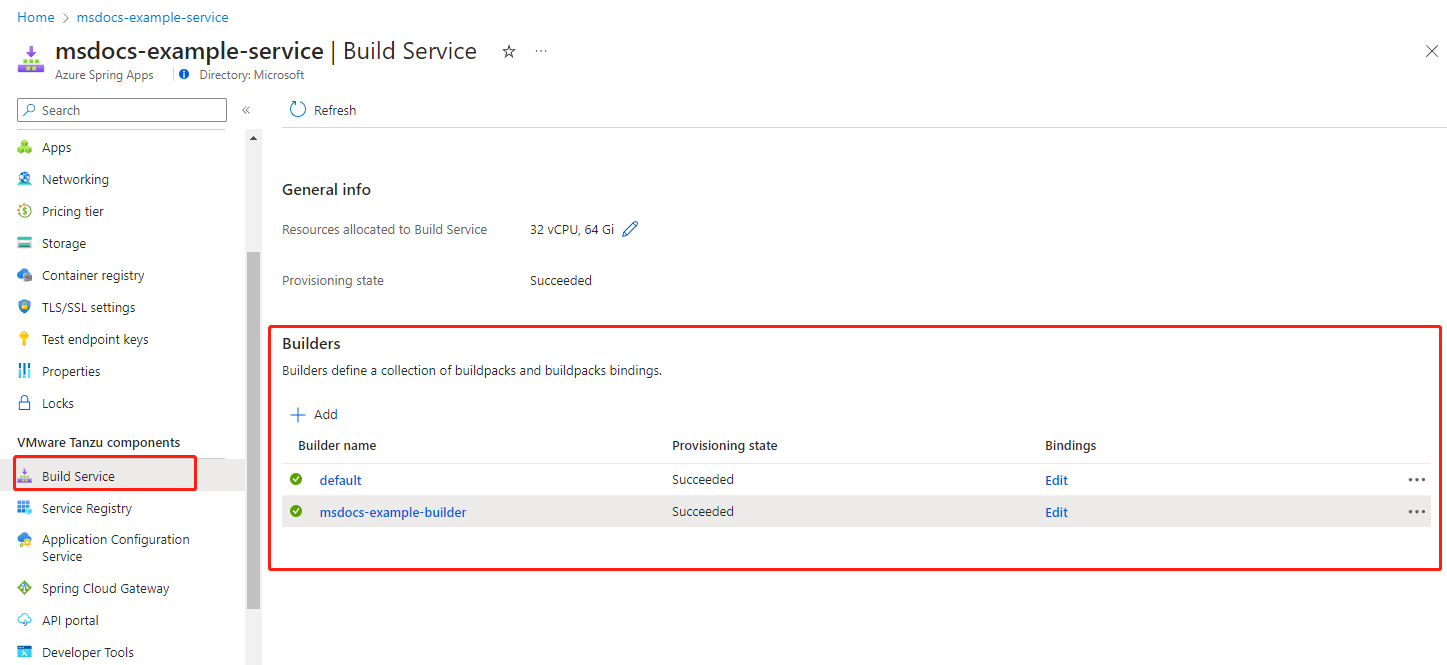 Screenshot of the Azure portal that shows the Build Service page with the Builders list highlighted.