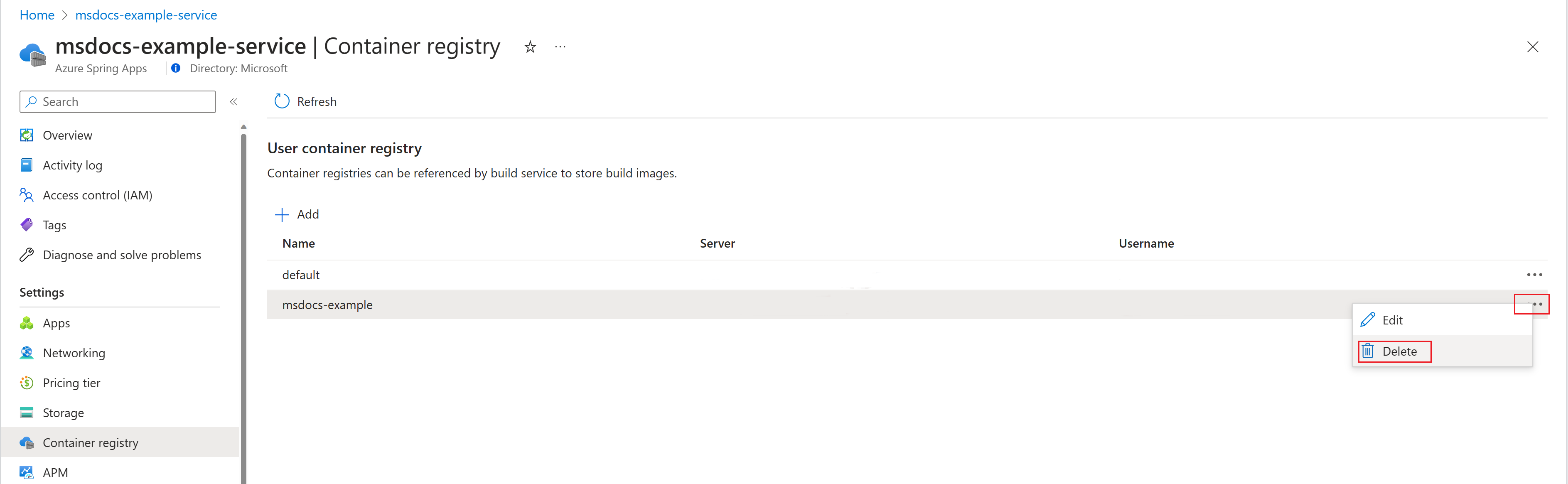 Screenshot of Azure portal that shows the Container registry page with Edit container registry pane open and Username and Password boxes highlighted.