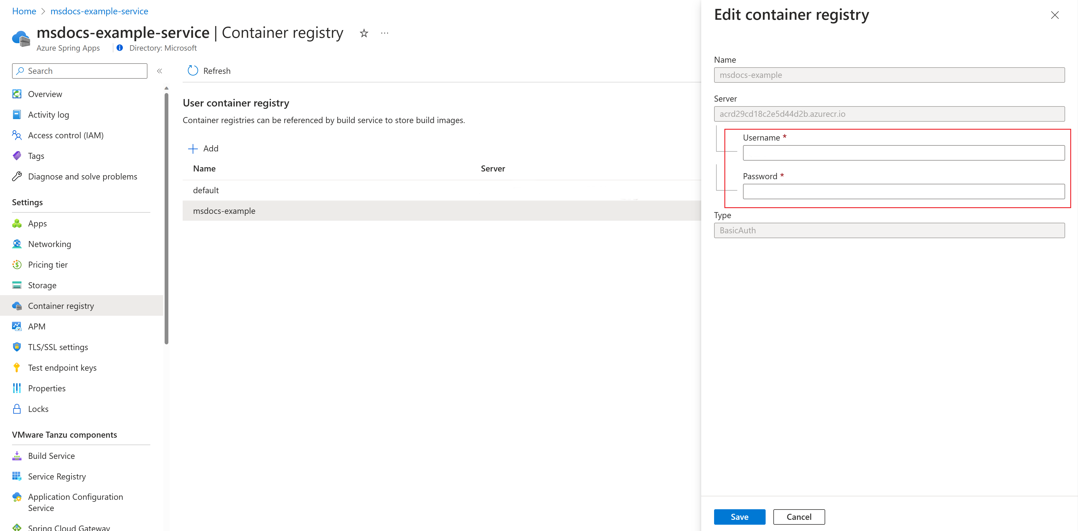 Screenshot of the Azure portal that shows the Container registry page with Edit container registry pane open.