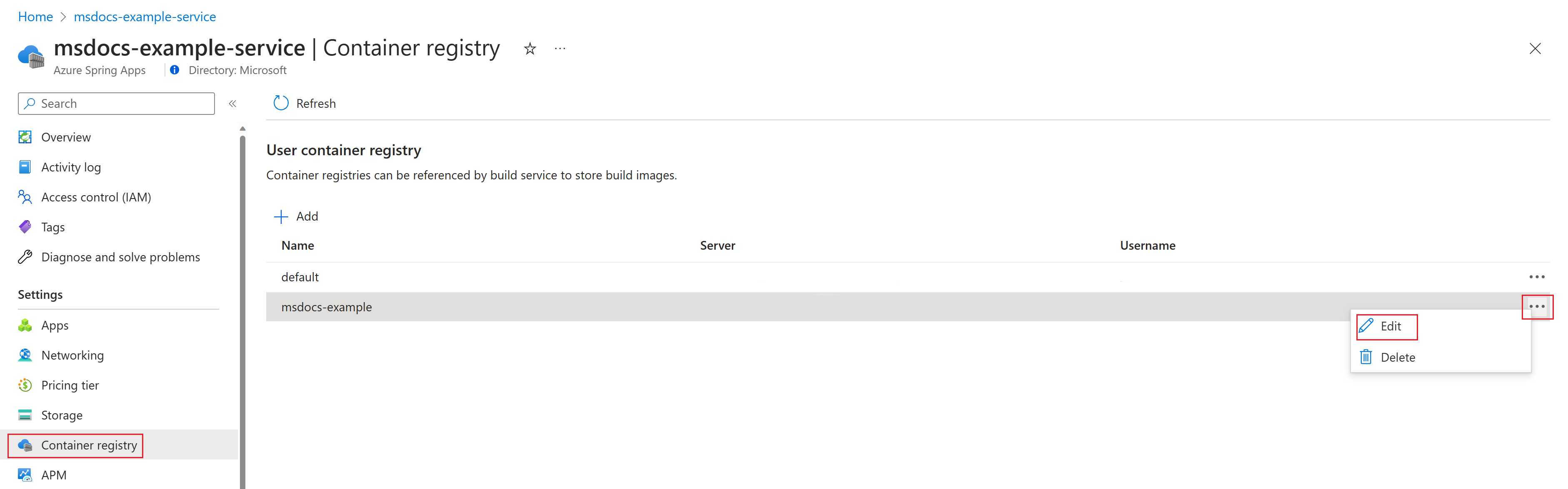 Screenshot of the Azure portal that shows the Container registry page.