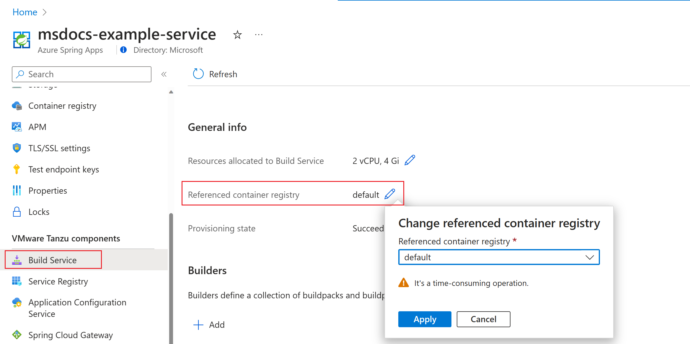 Screenshot of the Azure portal that shows the Build Service page with referenced container registry highlighted.