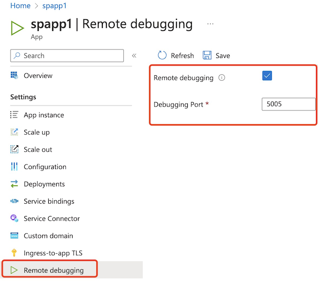 Screenshot of the Azure portal that shows the Remote debugging page with the Remote debugging and Debugging port options selected.