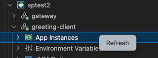 Screenshot of the IntelliJ project explorer that shows the Refresh menu option for the App Instances node.