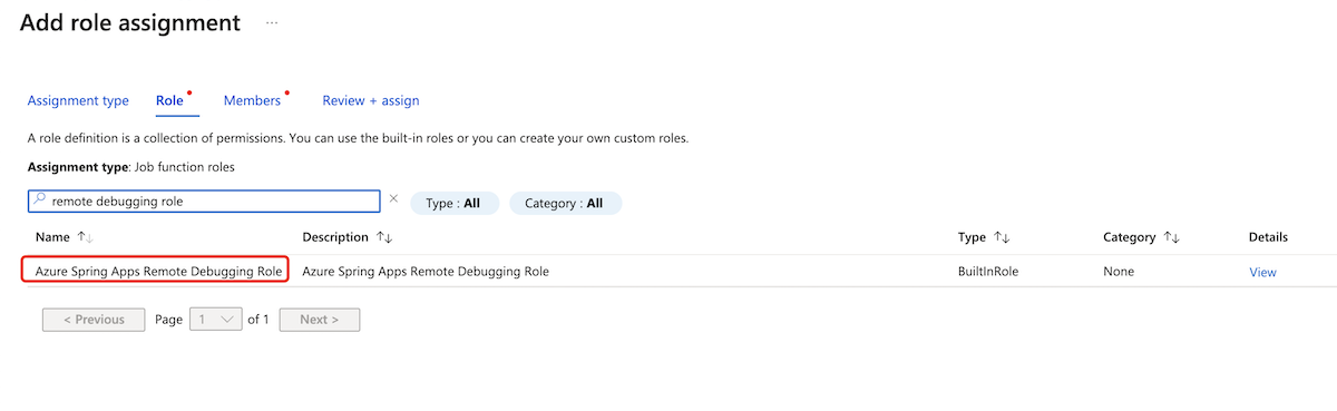 Screenshot of the Azure portal that shows the Add role assignment page with the Azure Spring Apps Remote Debugging Role name highlighted.