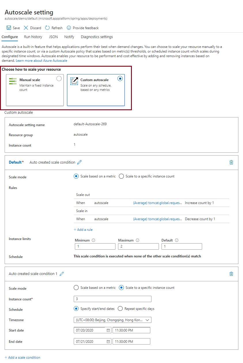 Screenshot of the Azure portal that shows the Autoscale setting page with the Custom autoscale option highlighted.