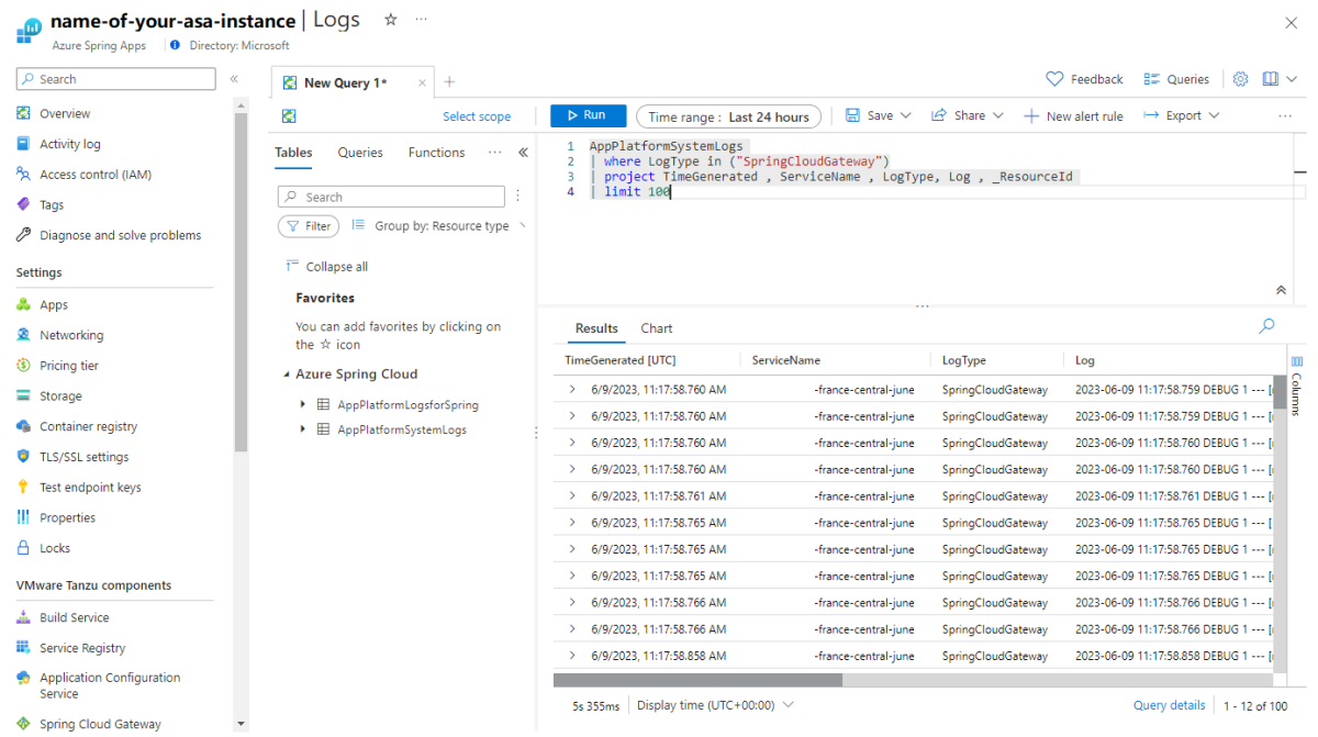 Screenshot of the Azure portal that shows the query result of logs for VMware Spring Cloud Gateway.