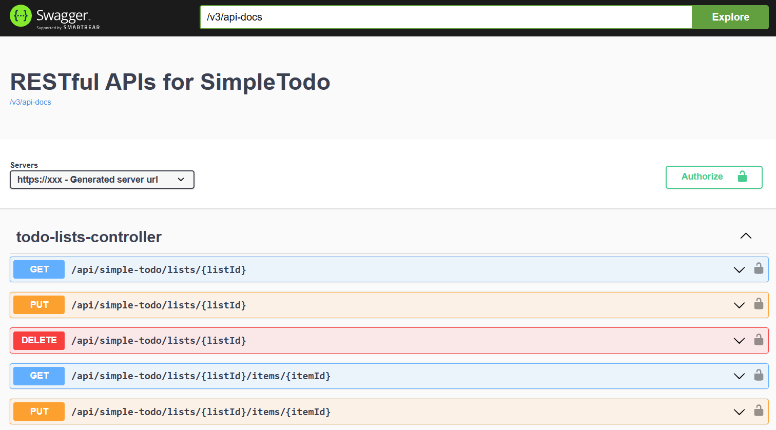 Screenshot of the Swagger UI that shows the API document.