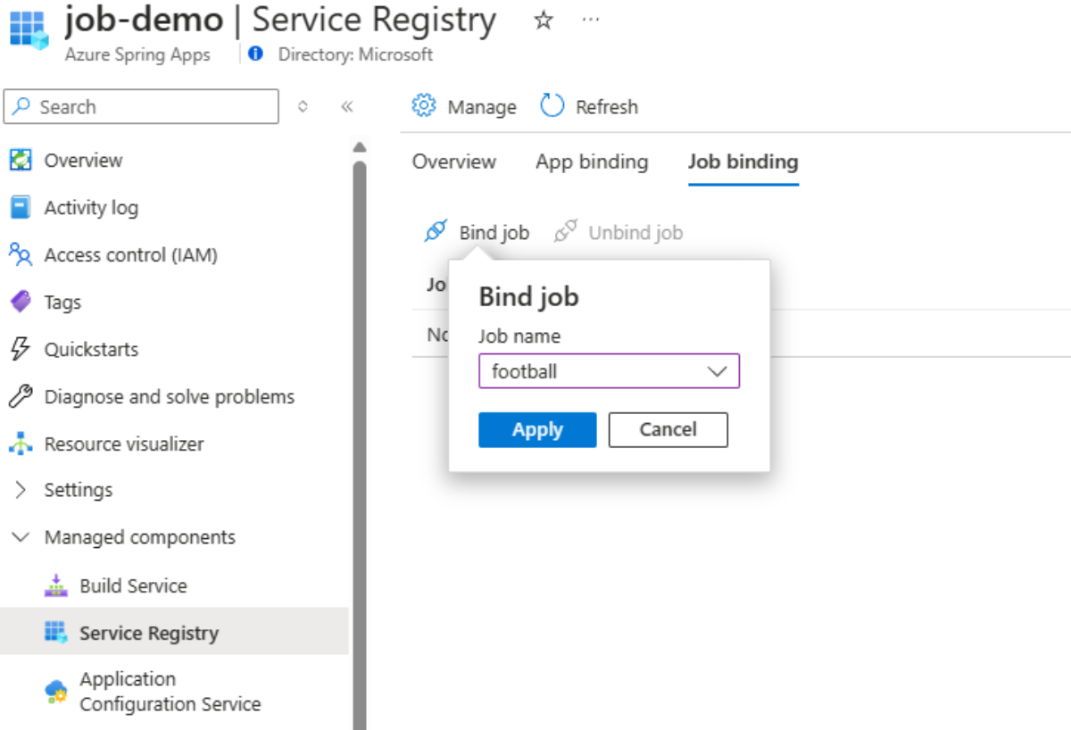 Screenshot of the Azure portal that shows the Service Registry page with the Bind job dialog box open.