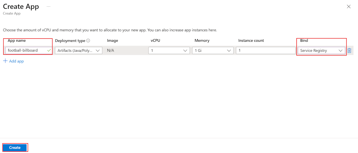 Screenshot of the Azure portal that shows the Create App page with the App name and Bind fields highlighted.