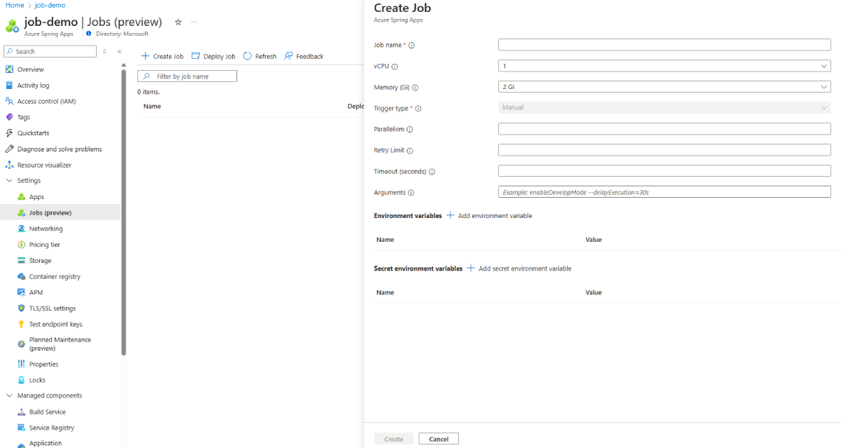 Screenshot of the Azure portal that shows the Jobs (preview) page with the Create Job pane open.