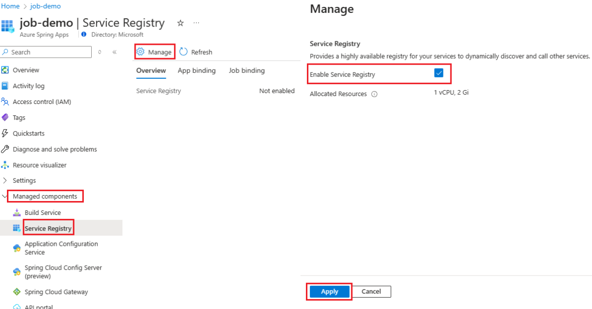 Screenshot of the Azure portal that shows the Service Registry page with the Manage pane open and the Enable Service Registry option highlighted.