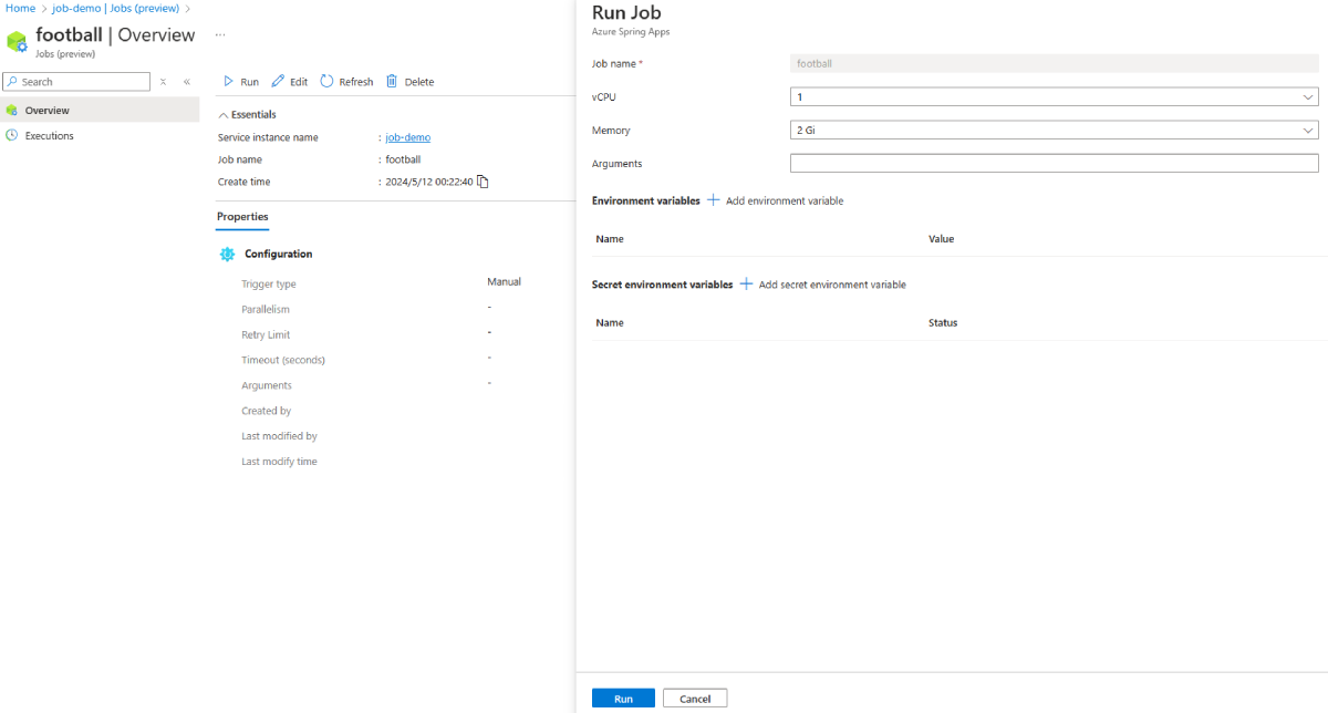 Screenshot of the Azure portal that shows the Jobs (preview) Overview page with the Run Job pane open.